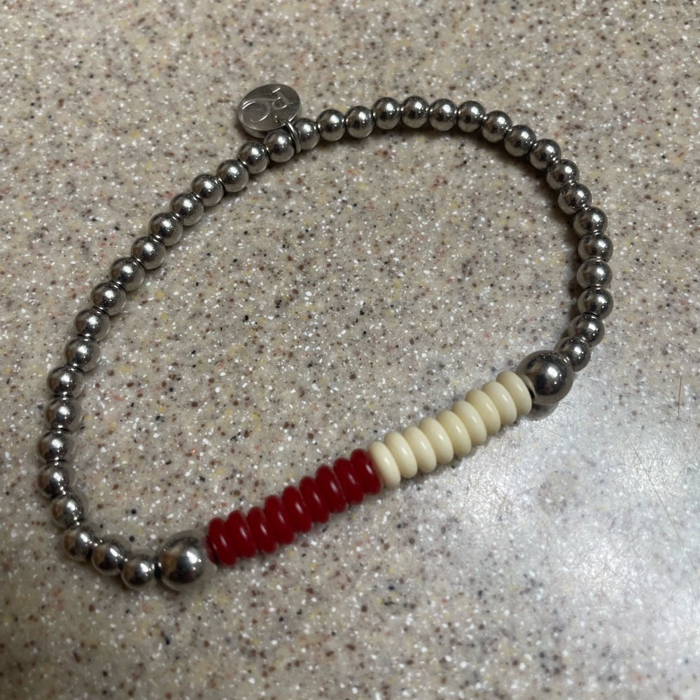 Rustic Cuff Silver Beaded Bracelet with Red and Cream Accent Beads